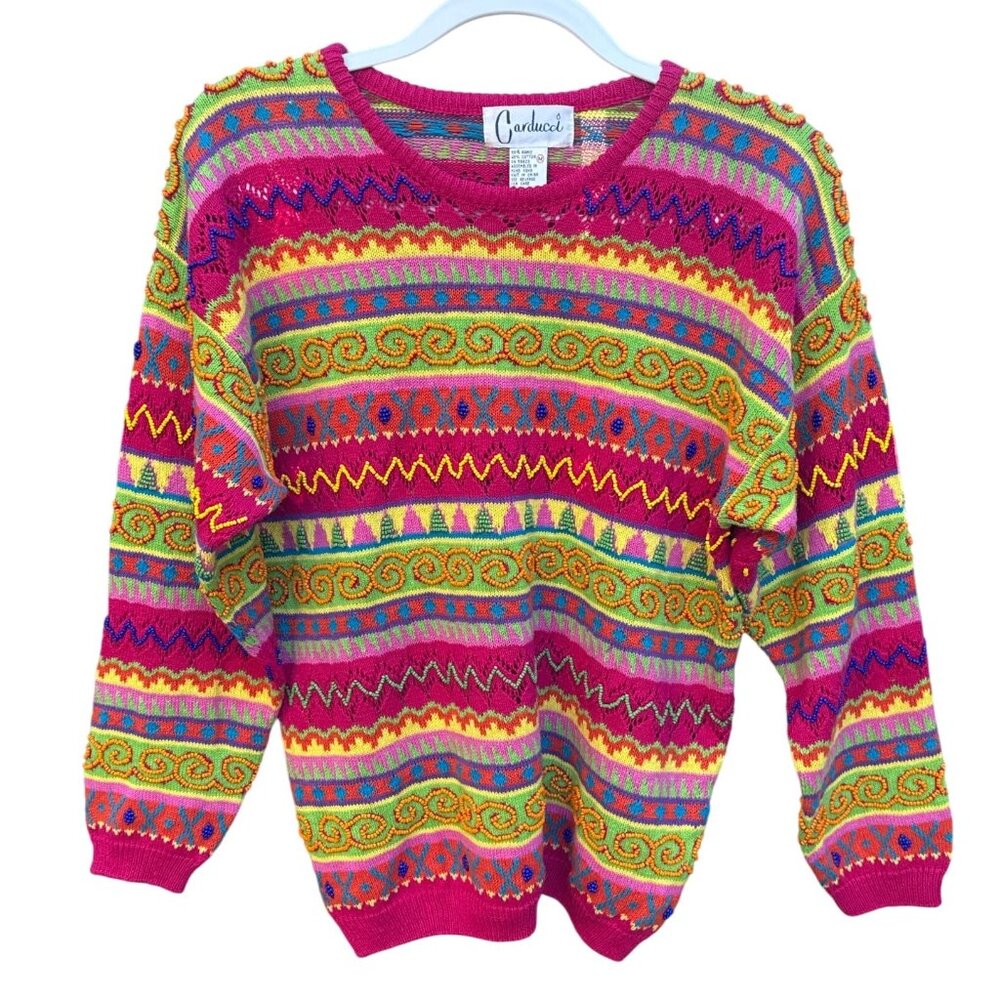 Vintage Carducci Multicolor Beaded Coogi Inspired Kidcore Sweater‎ Womens M